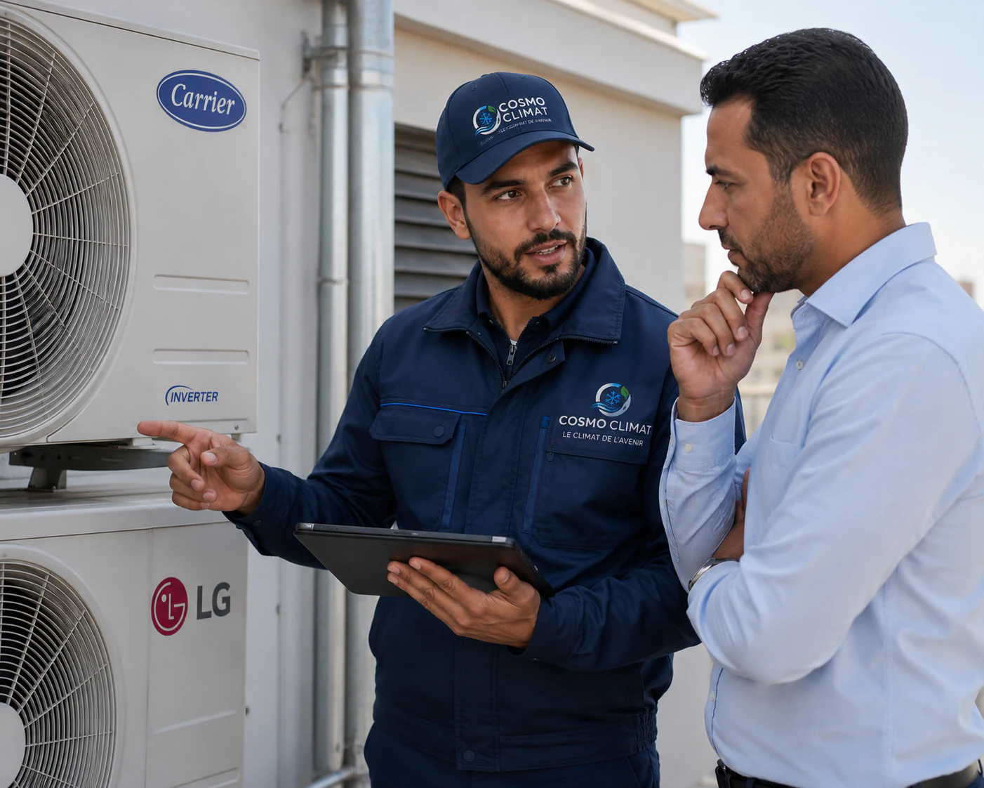 Technicien COSMO CLIMAT en discussion avec un client